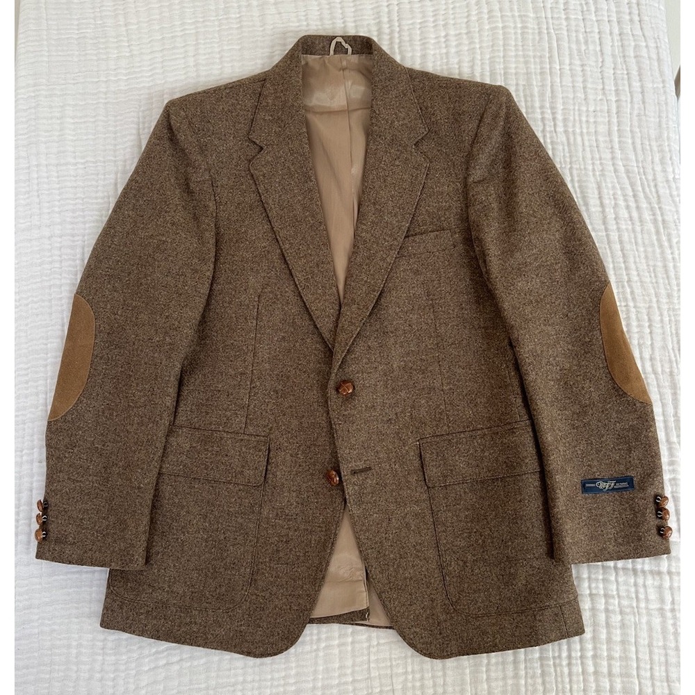 Vintage NOS Farah Sport Coat Blazer Mens 40R Brown Wool Tweed Elbow Patches
